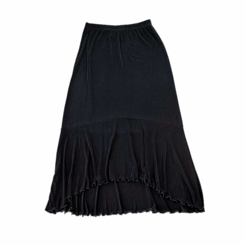 Chico’s Sz 1 Travelers Black Lettuce Hem Pull On Hi Low Midi Skirt Whimsygoth